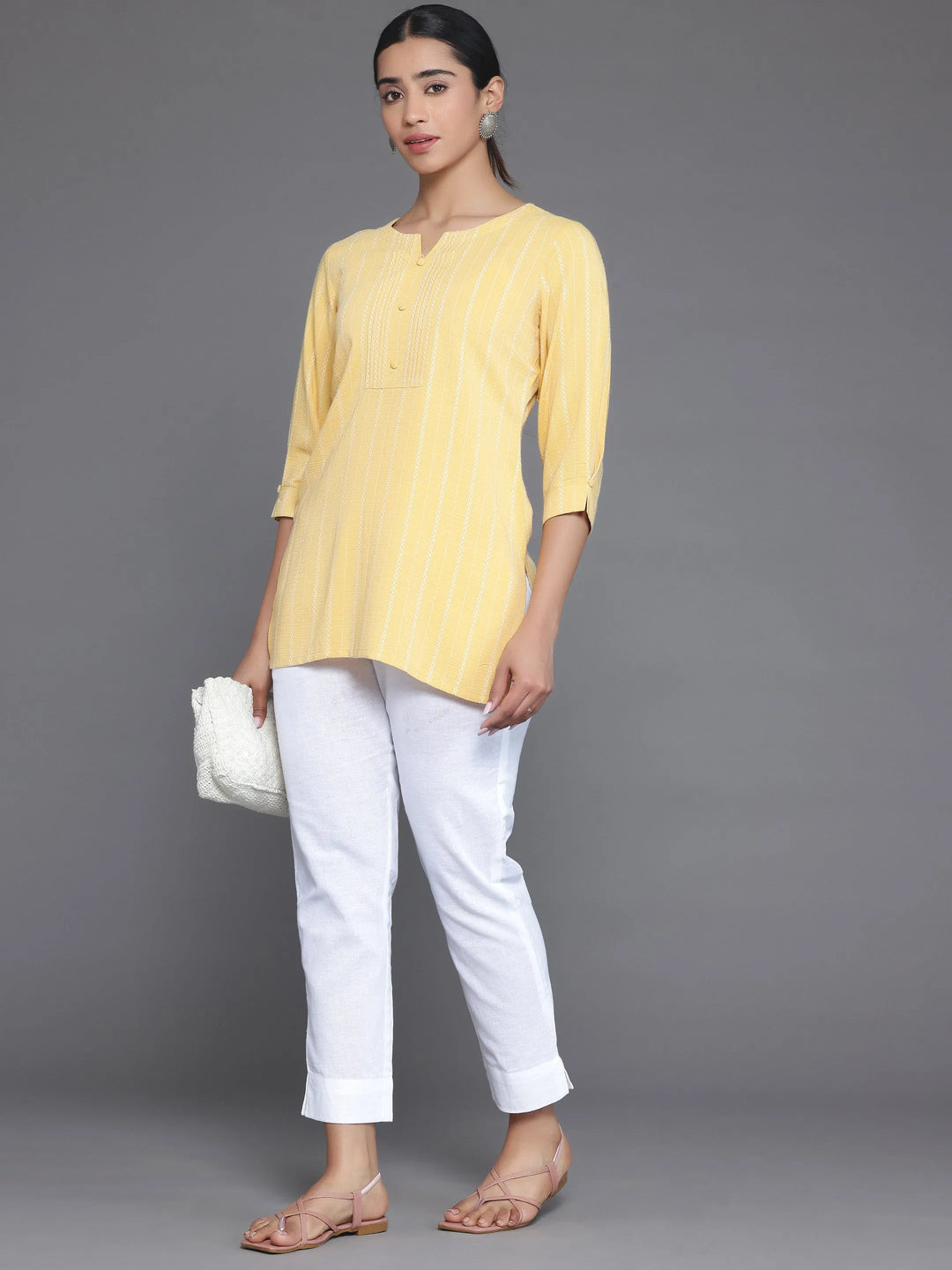  Mustard Woven Design Cotton Blend Straight Kurti 