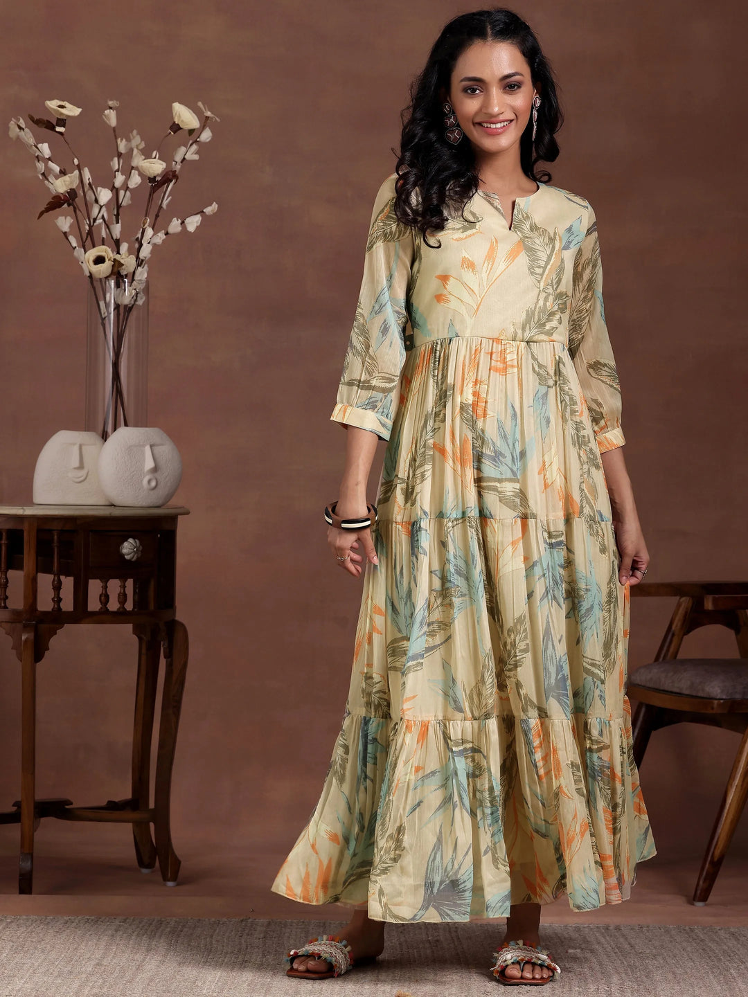  Beige Printed Chiffon Fit and Flare Dress 