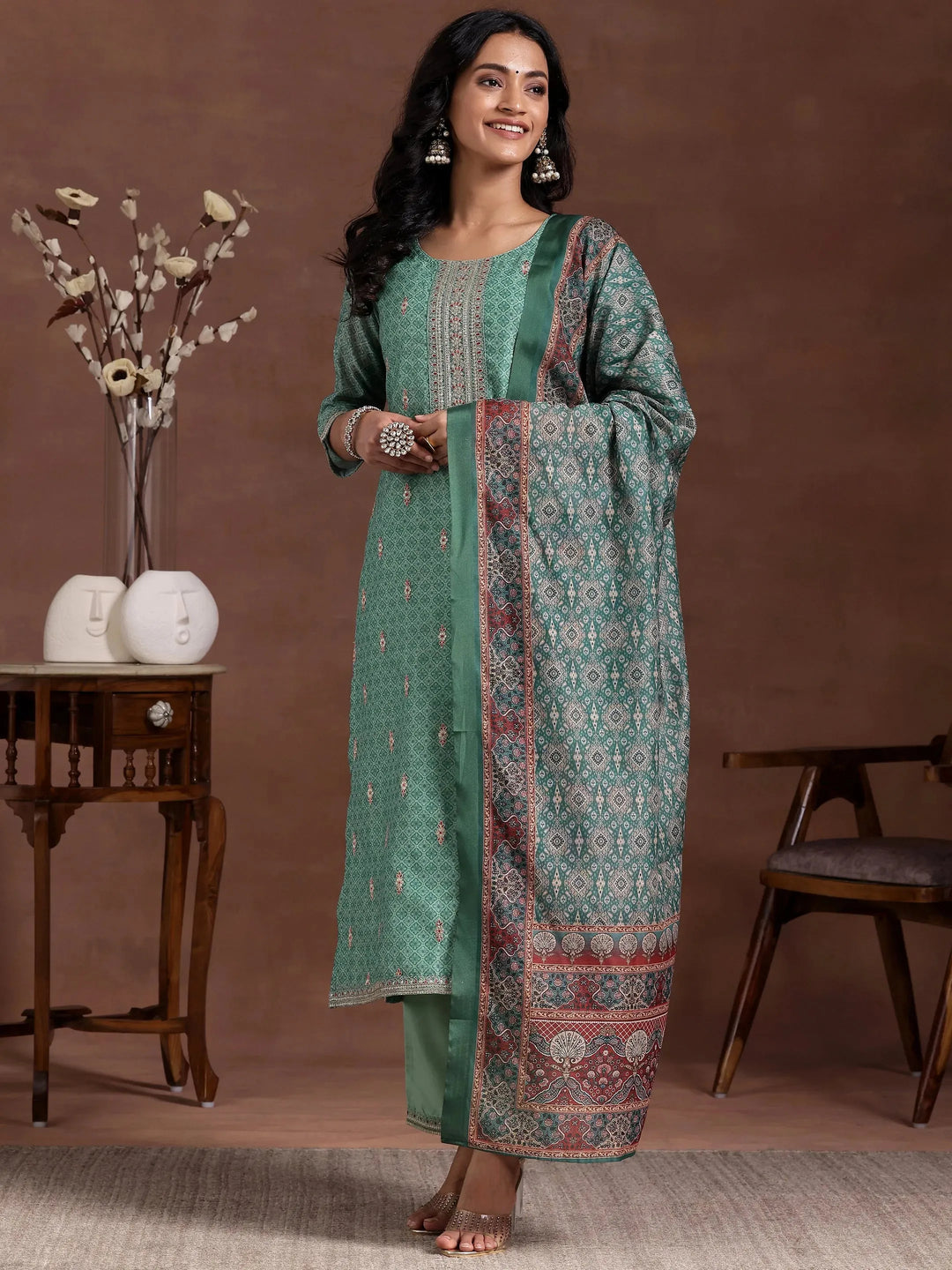  Green Printed Silk Blend Straight Suit With Dupatta 