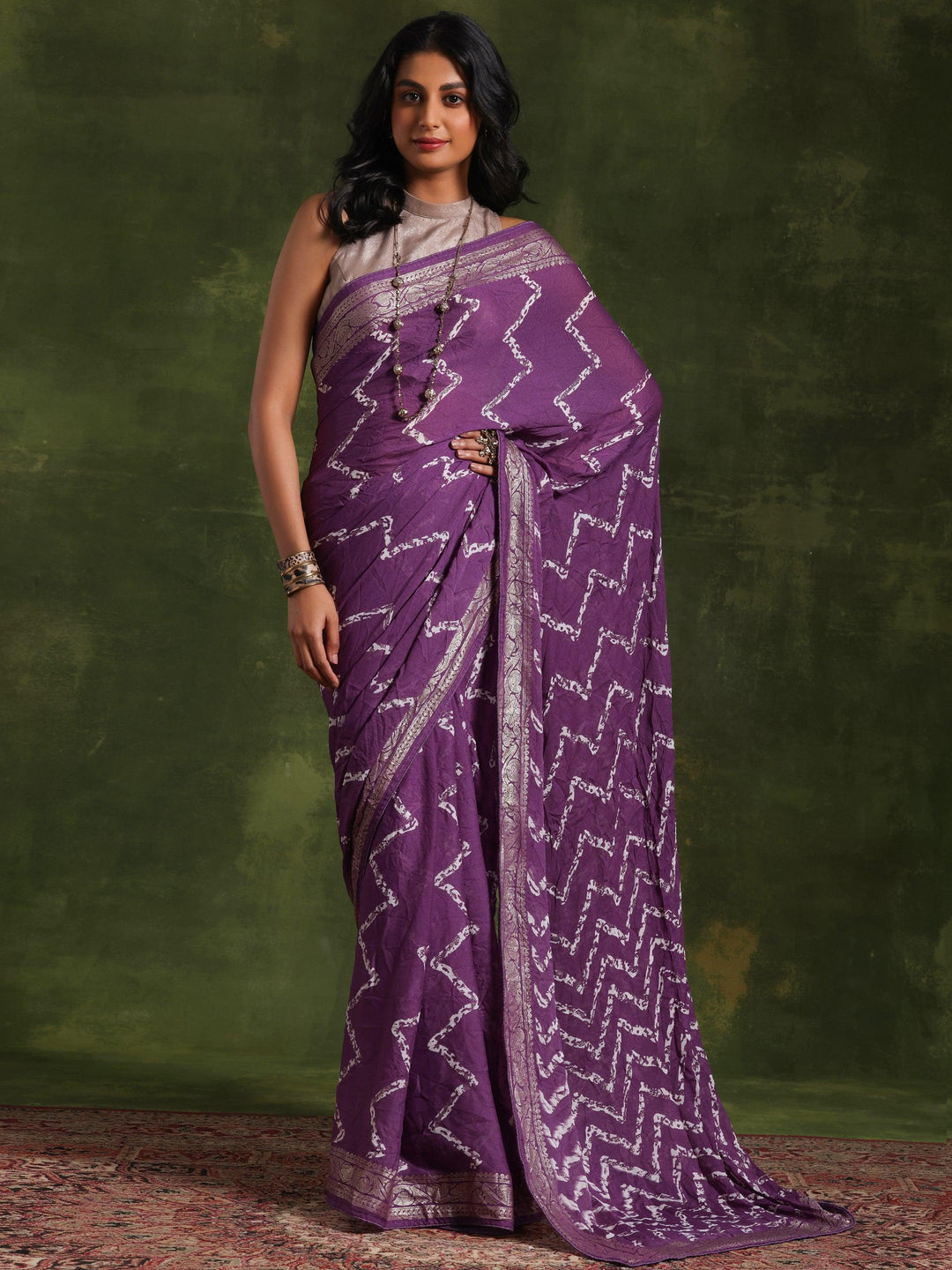 Lavender Printed Poly Georgette Saree With Unstitched Blouse Piece - Libas