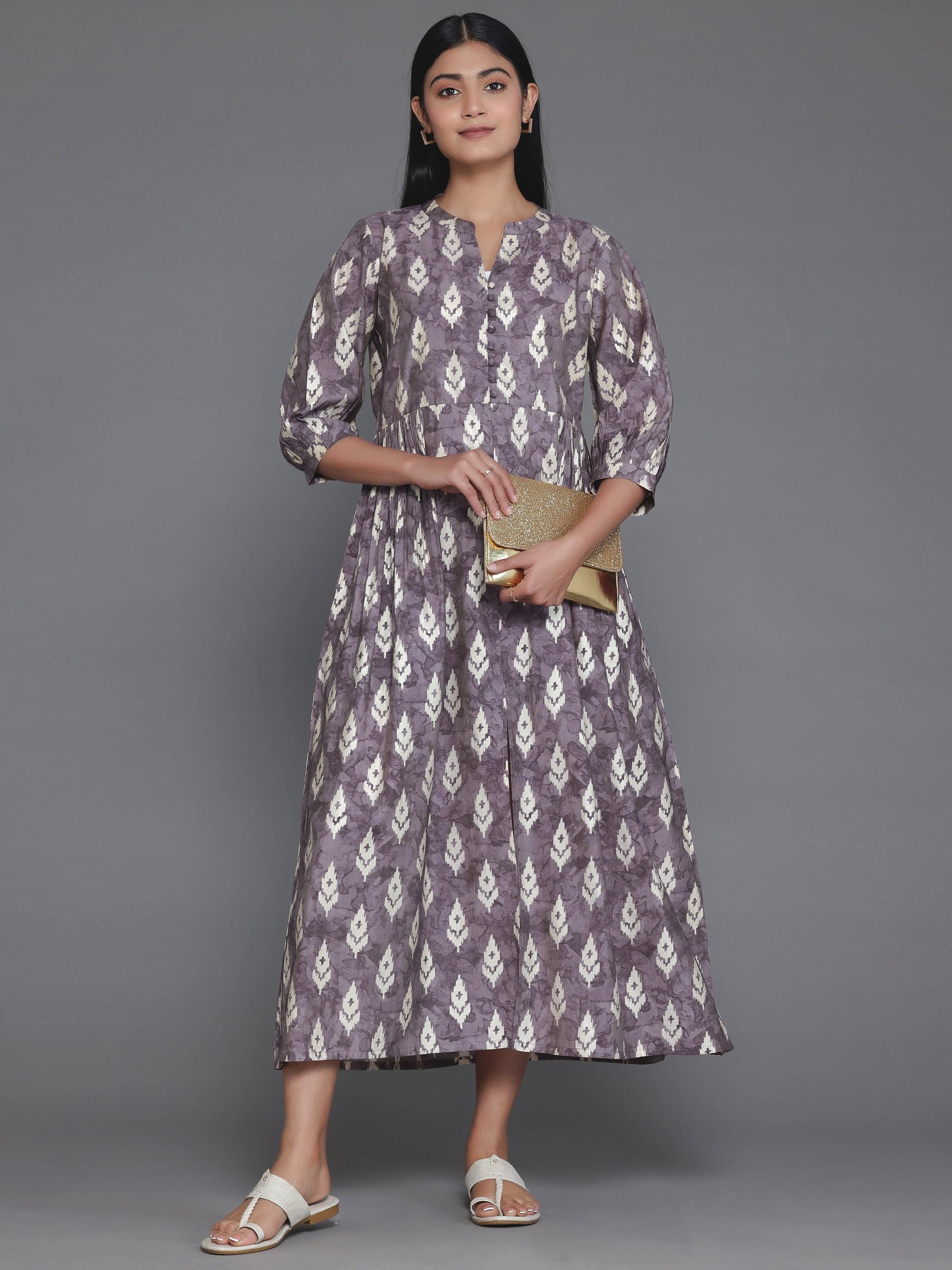 Mauve Printed Silk Fit and Flare Dress