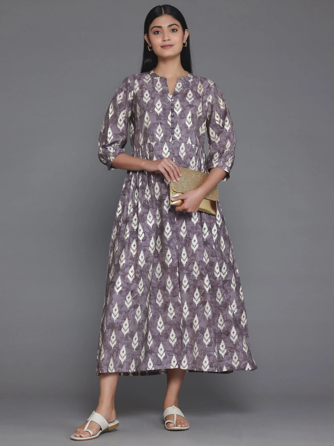 Mauve Printed Silk Fit and Flare Dress - Libas 
