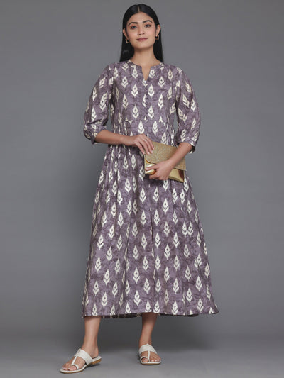 Mauve Printed Silk Fit and Flare Dress - Libas