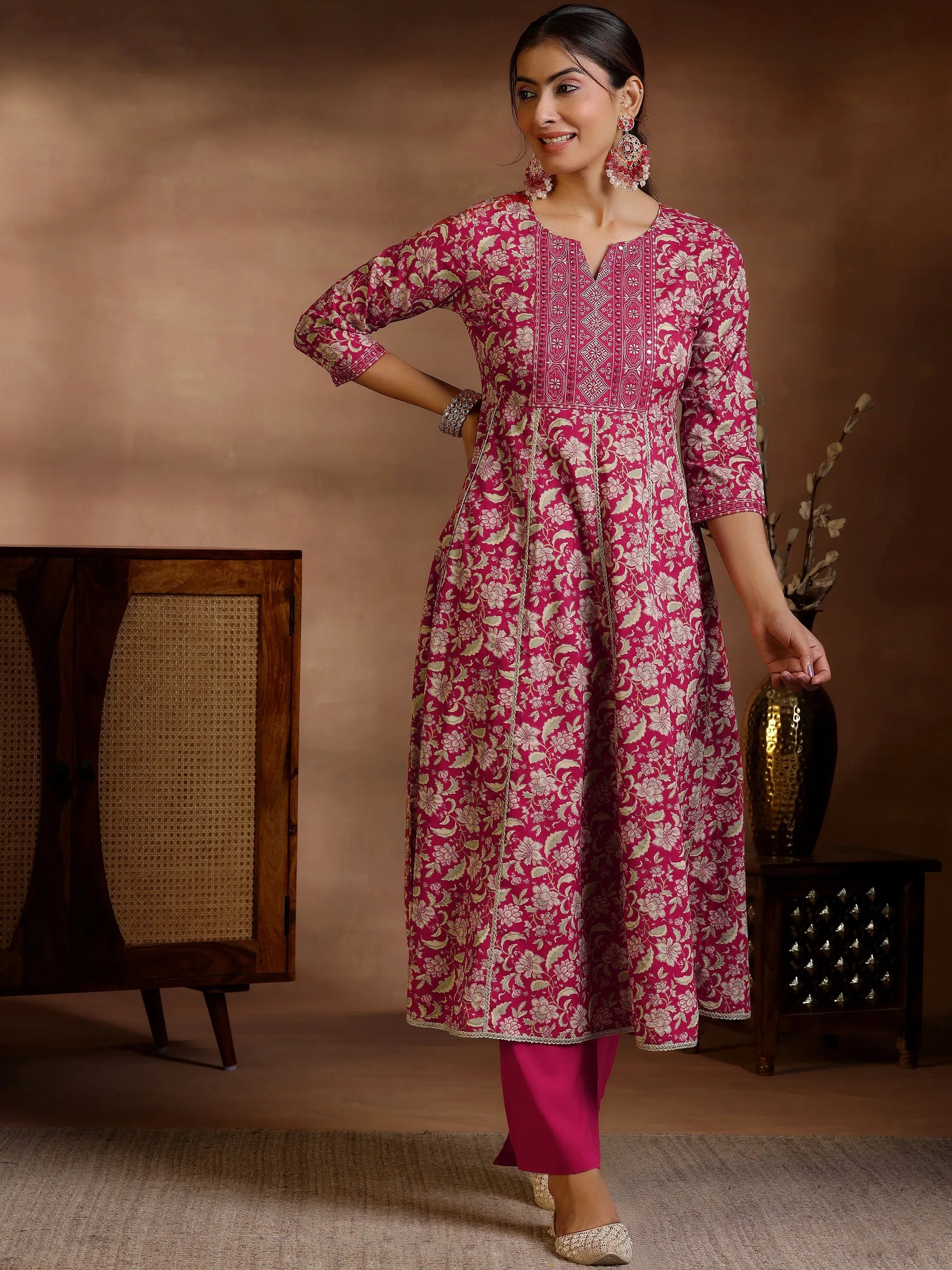 Pink Printed Cotton Anarkali Kurta Set-image-29