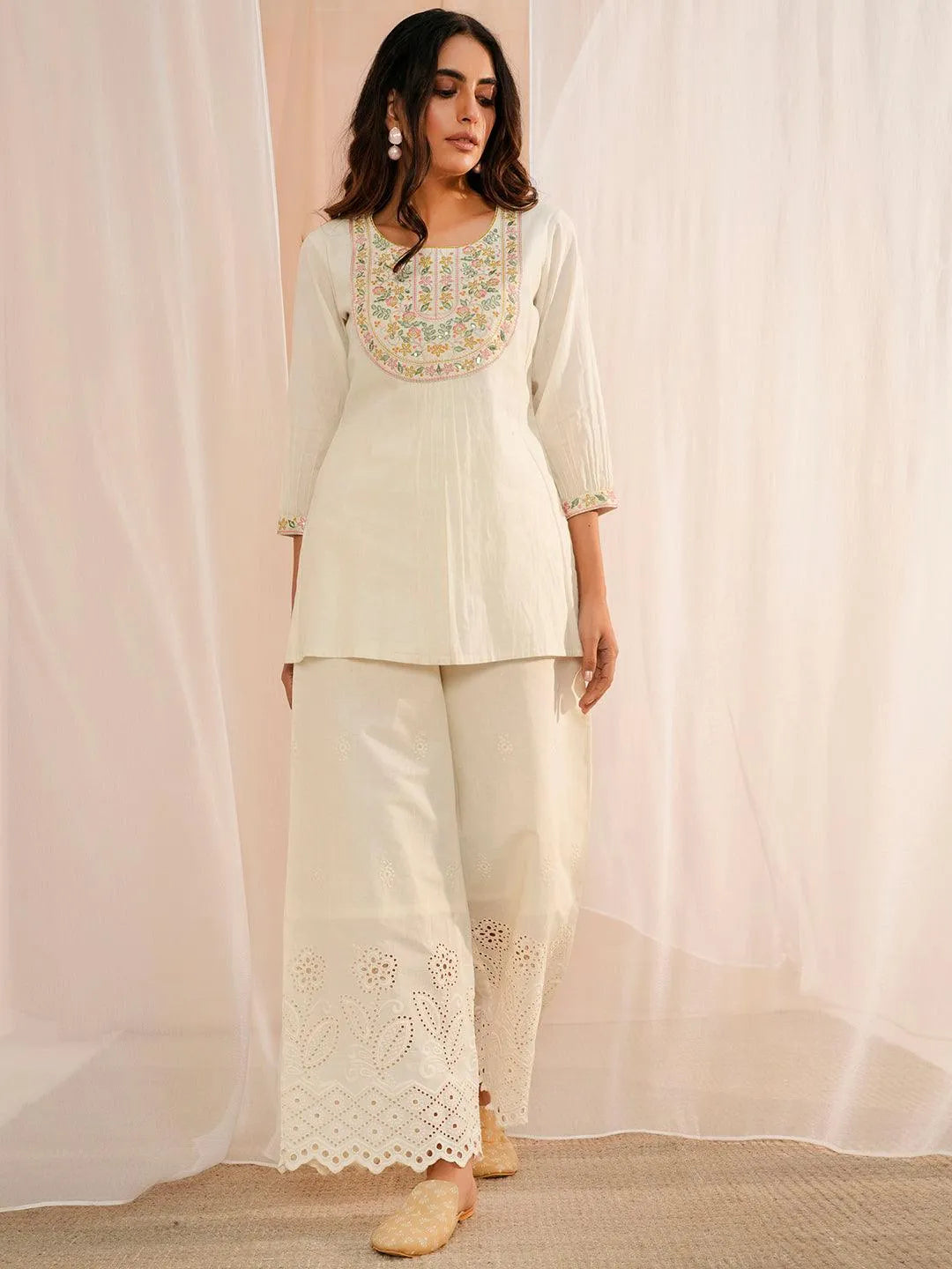 Off White Yoke Design Cotton Straight Kurti - Libas 