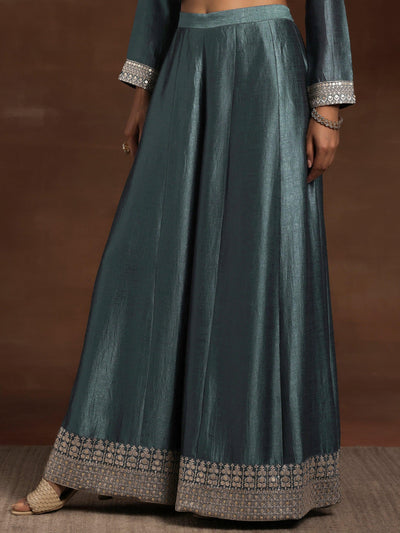 Grey Embroidered Silk Blend Straight Suit With Dupatta - Libas