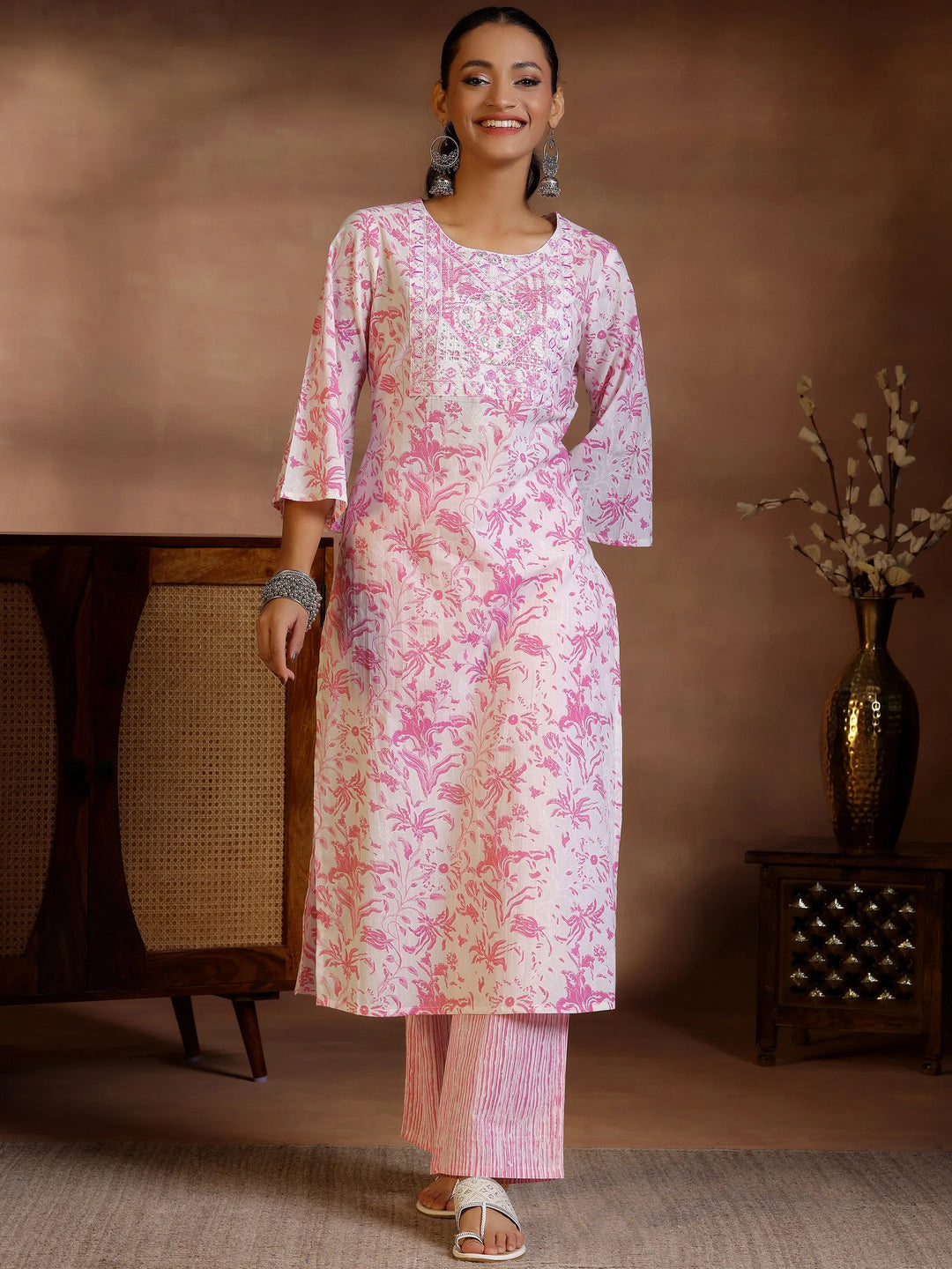  White Printed Cotton Straight Kurta Set 