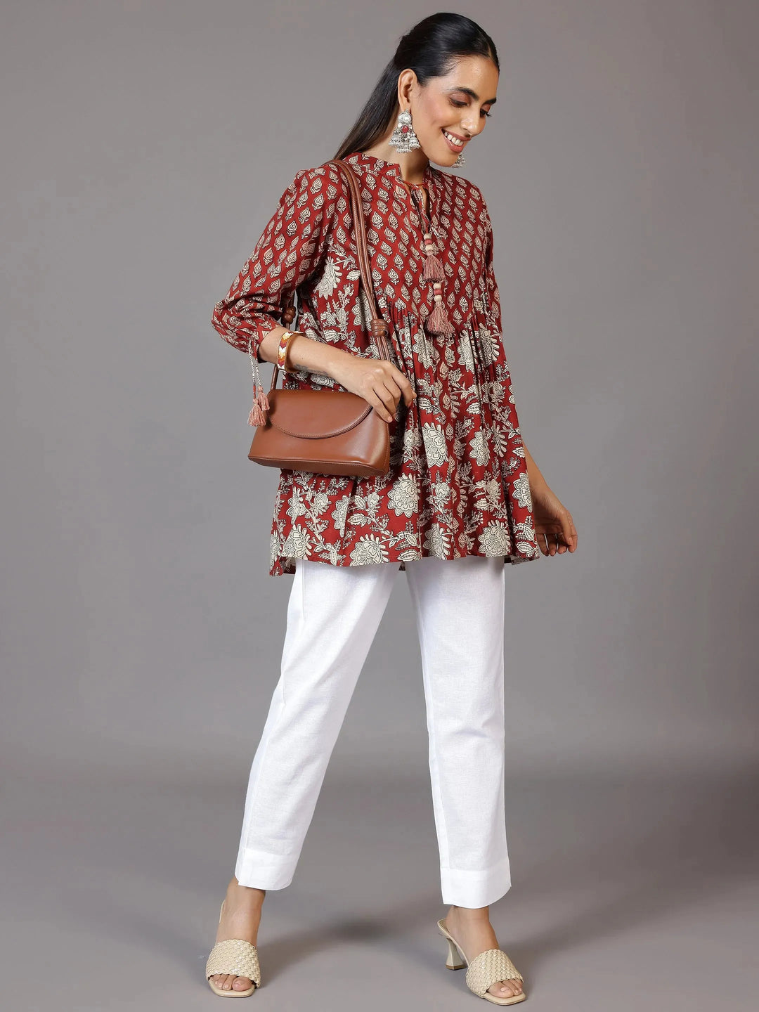  Rust Printed Cotton A-Line Kurti 