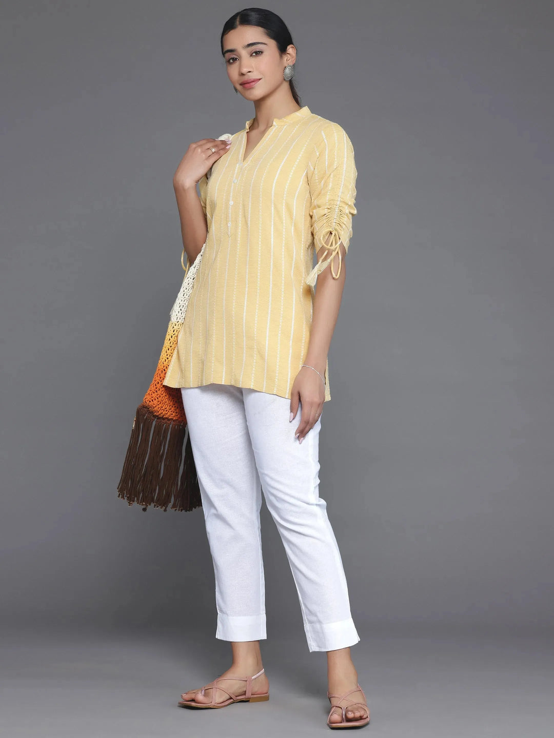  Mustard Woven Design Cotton Blend Straight Kurti 