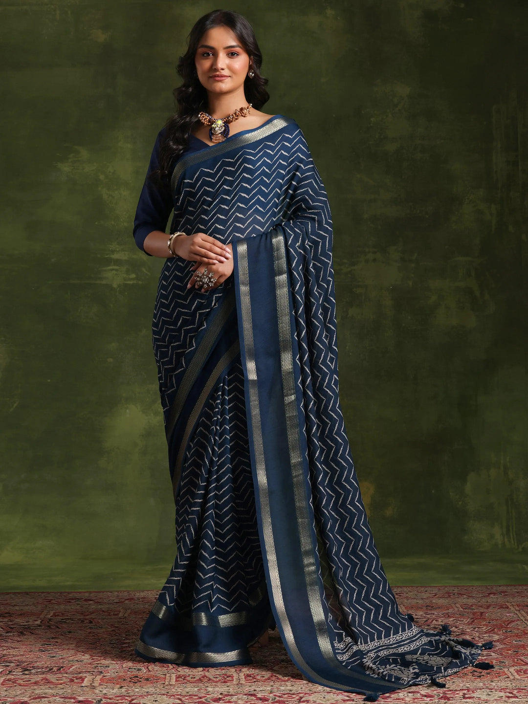 Blue Printed Silk Blend Saree With Unstitched Blouse Piece - Libas 