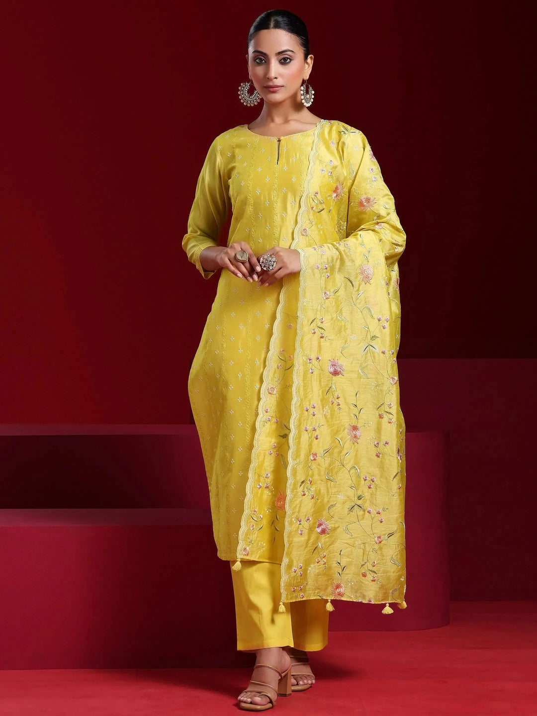  Libas Art Yellow Embroidered Chanderi Silk Straight Suit With Dupatta 