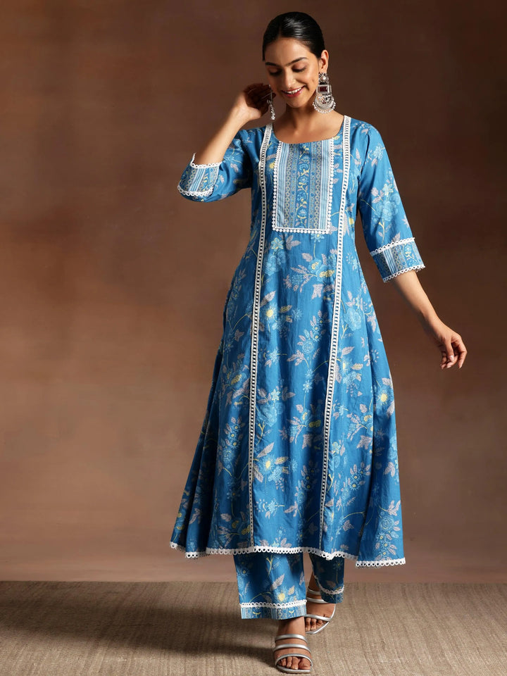 Blue Printed Cotton A-Line Kurta With Palazzos - Libas