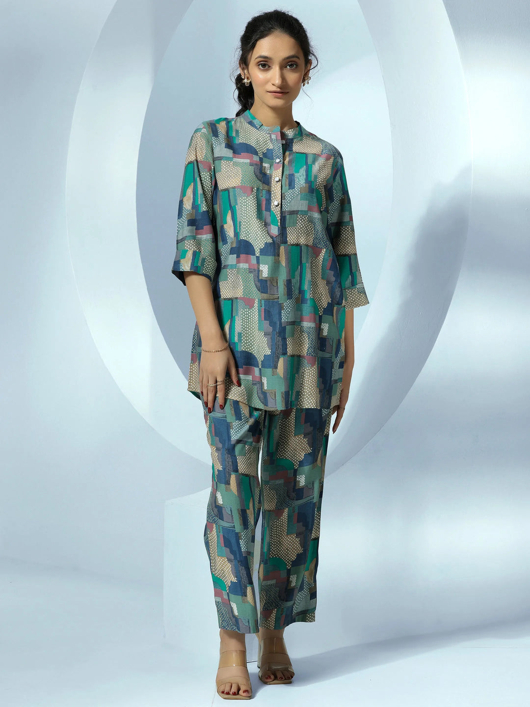  Blue Printed Silk Blend Co-Ords 