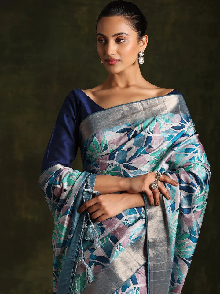 Blue Printed Silk Blend Saree With Unstitched Blouse Piece - Libas