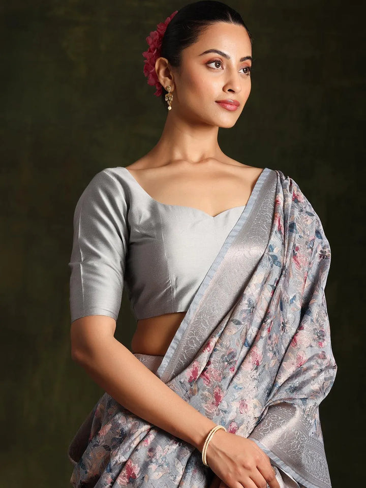 Grey Woven Design Brocade Saree With Unstitched Blouse Piece - Libas