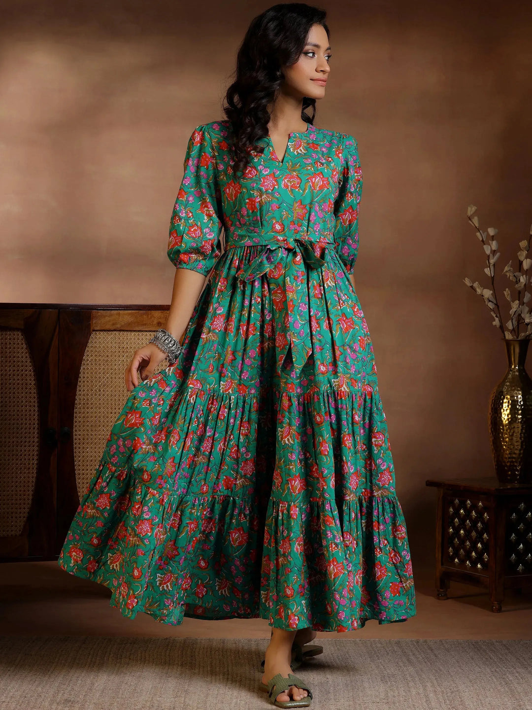  Blue Printed Cotton Fit and Flare Dress 