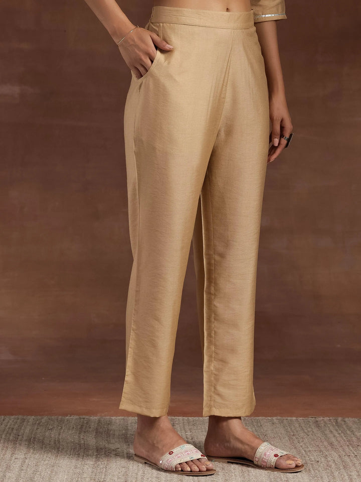 Beige Yoke Design Silk Blend Straight Kurta With Trousers & Dupatta - Libas