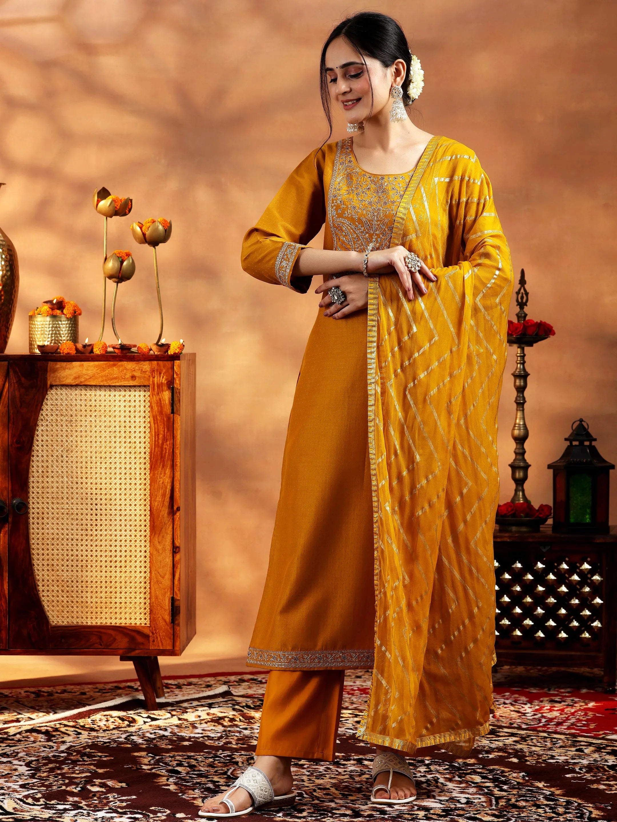 Mustard Embroidered Silk Blend A-Line Kurta With Trousers & Dupatta-image-47