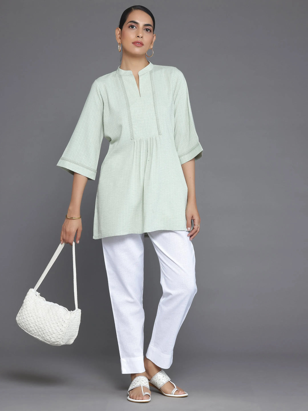  Green Woven Design Cotton Blend Straight Kurti 