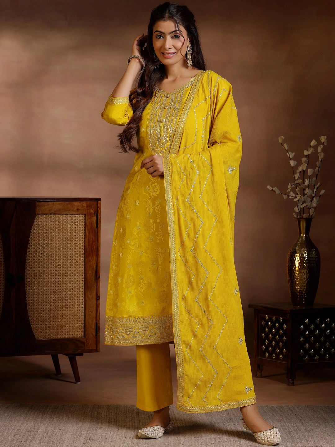  Mustard Woven Design Silk Blend Straight Suit With Dupatta 