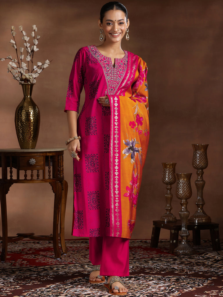 Libas Pink Printed Silk Blend Straight Suit With Dupatta