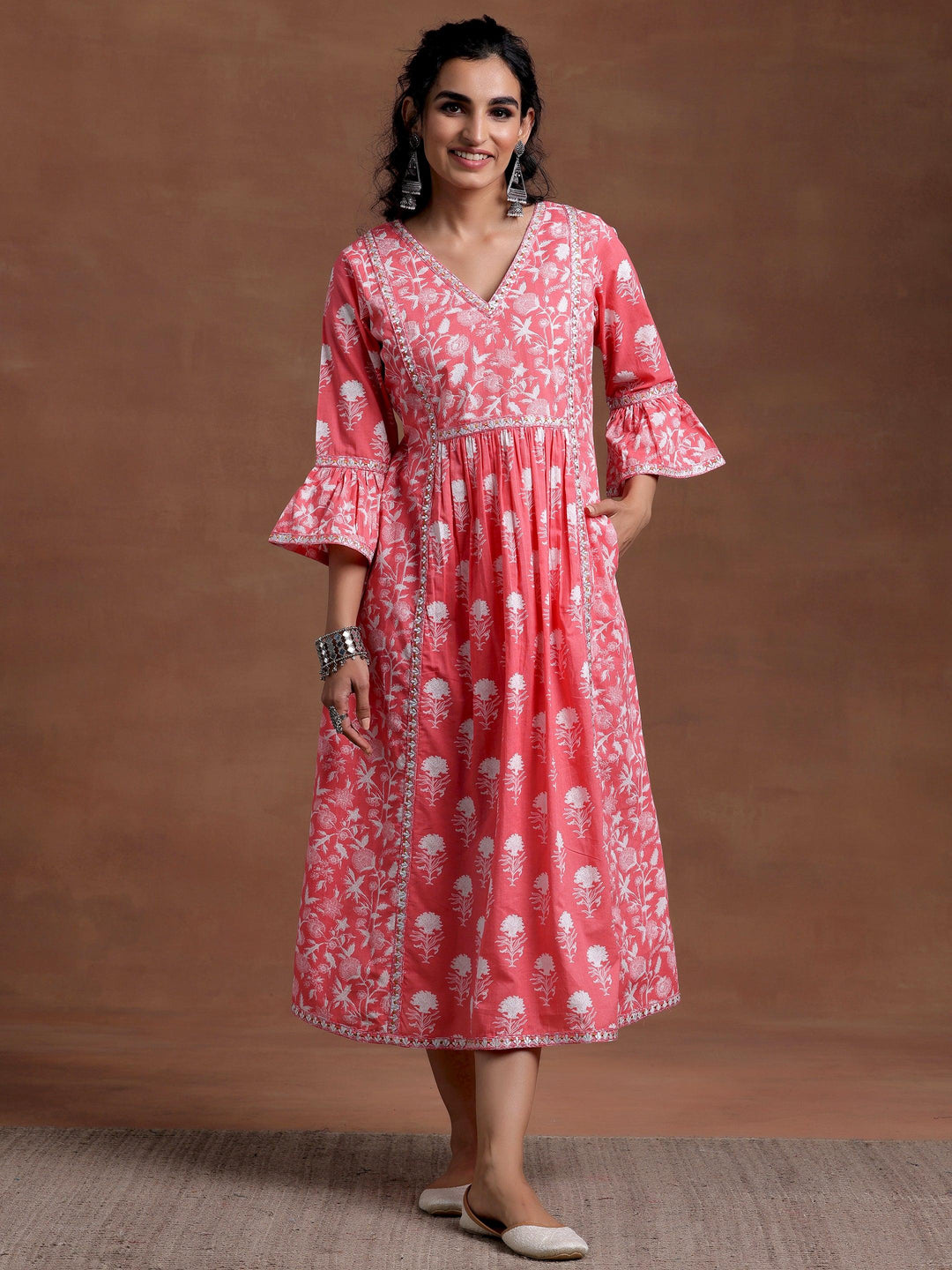 Pink Printed Cotton A-Line Dress - Libas