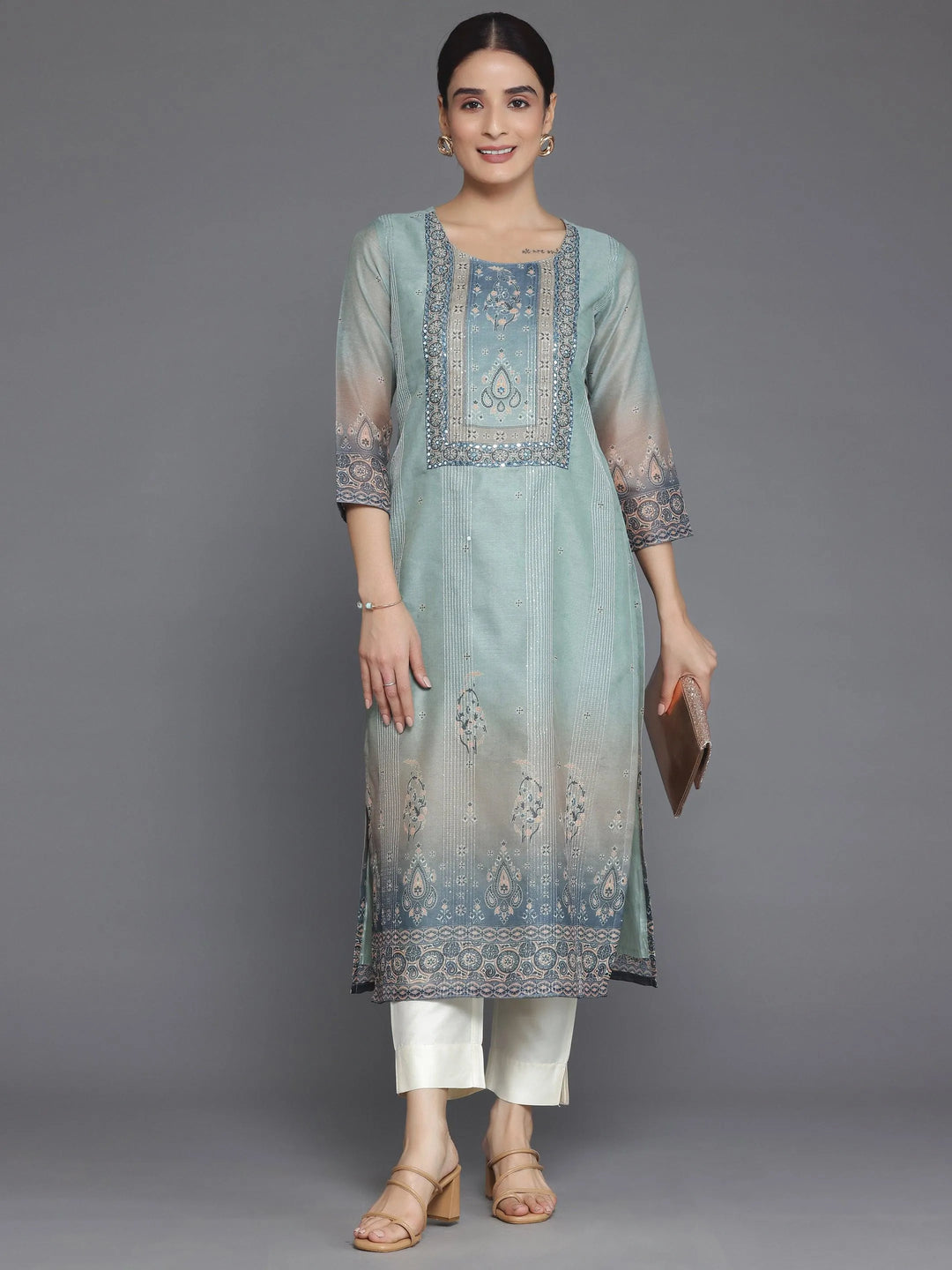 Grey Embellished Chanderi Silk Straight Kurta - Libas 