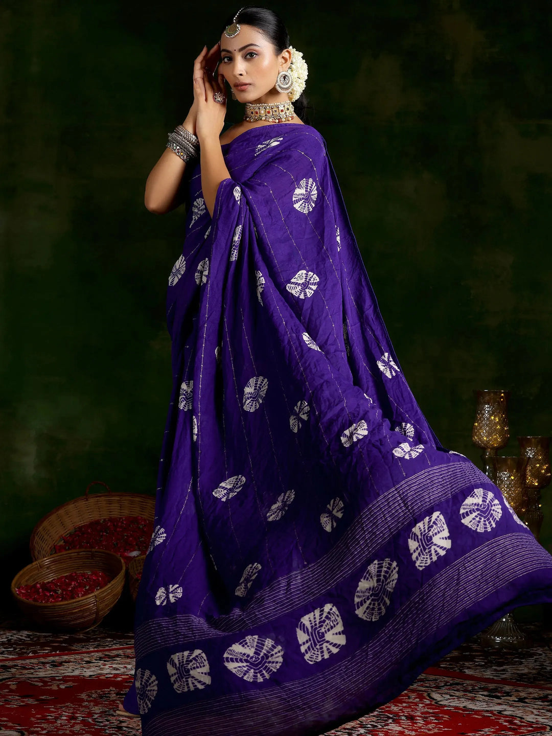  Purple Printed Poly Chiffon Saree With Unstitched Blouse Piece 