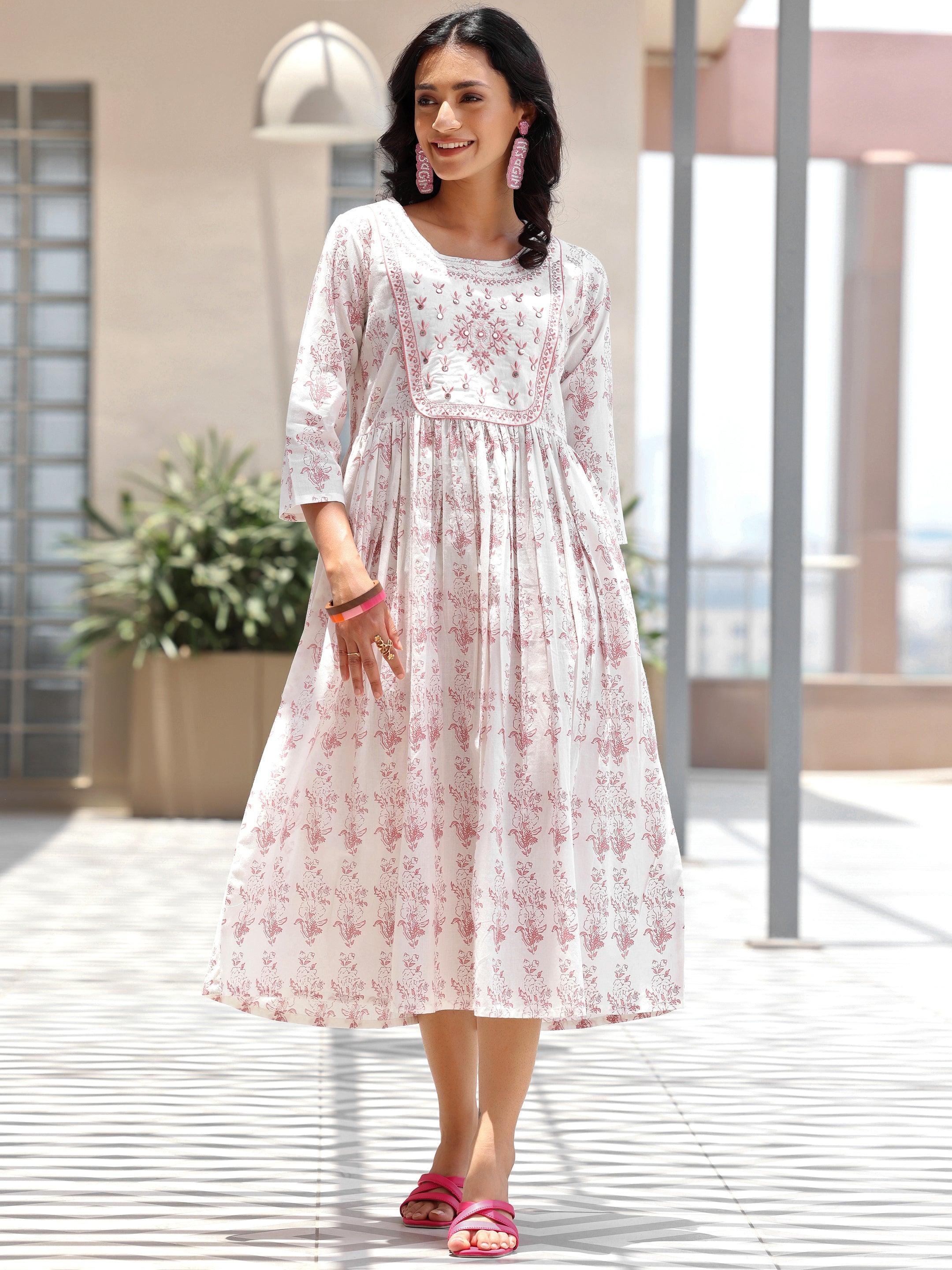 Off White Printed Cotton Fit and Flare Dress