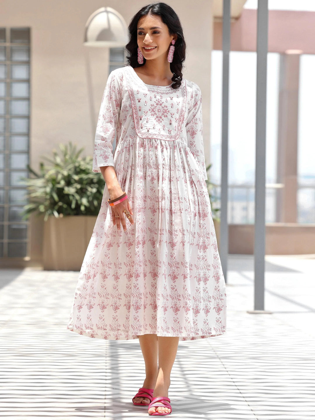 Off White Printed Cotton Fit and Flare Dress - Libas 