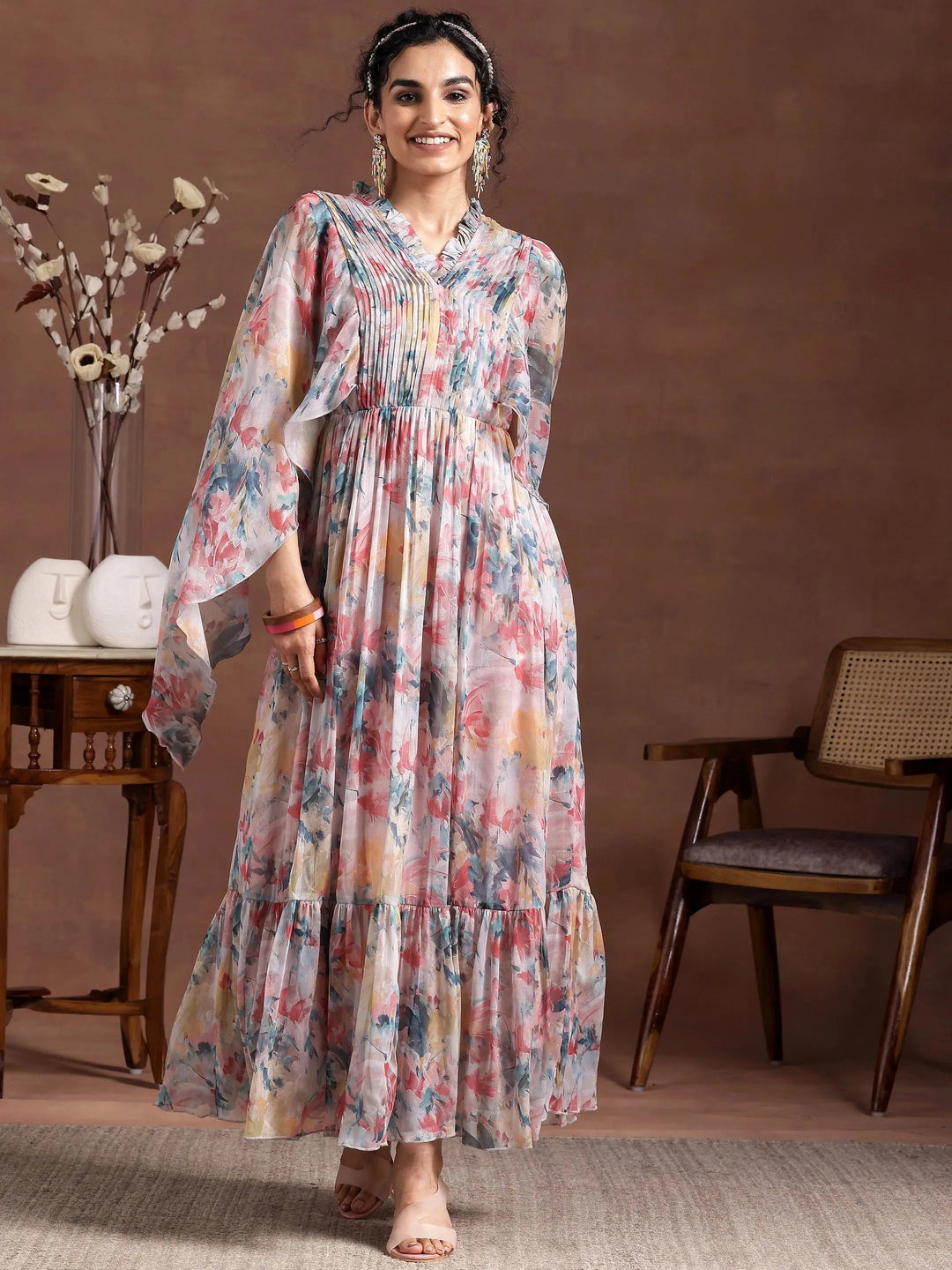  Multicoloured Printed Chiffon A-Line Dress 