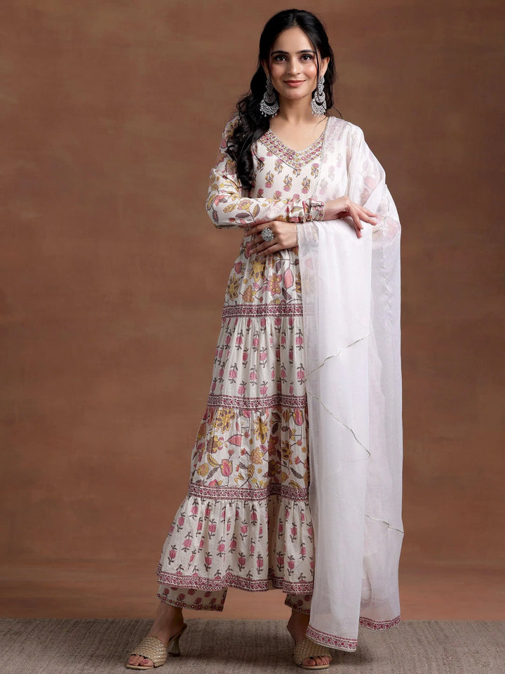 Off white Printed Cotton A-Line Kurta With Palazzos & Dupatta - Libas