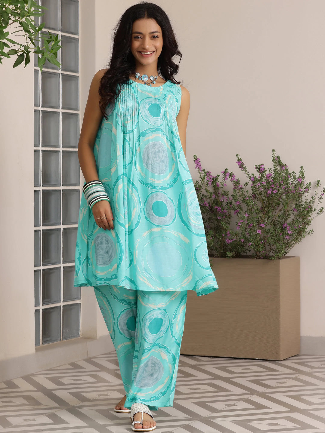  Blue Printed Silk Blend Co-Ords 