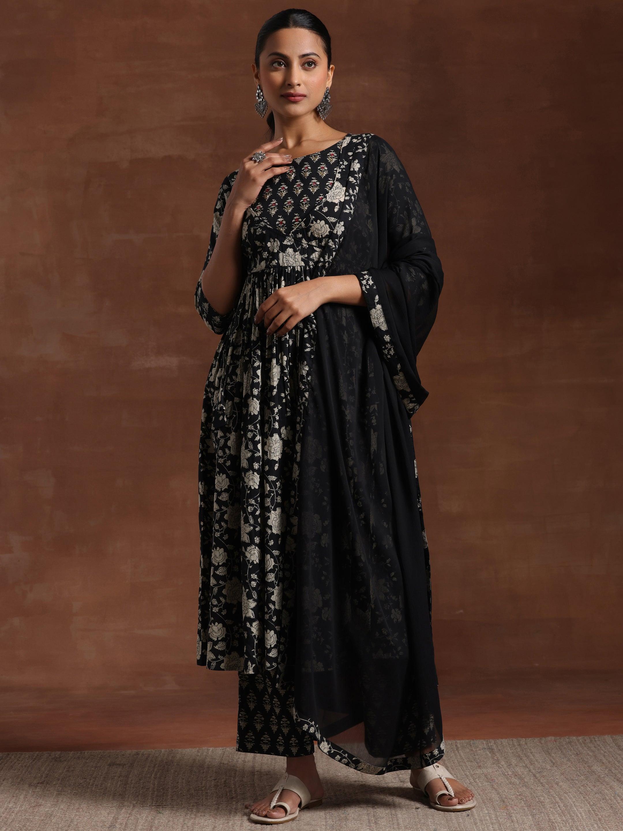 Black Printed Pure Cotton Anarkali Suit With Dupatta