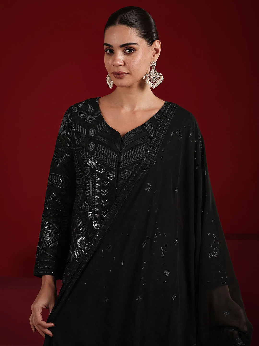  Libas Art Black Embroidered Georgette A-Line Suit Set With Dupatta 