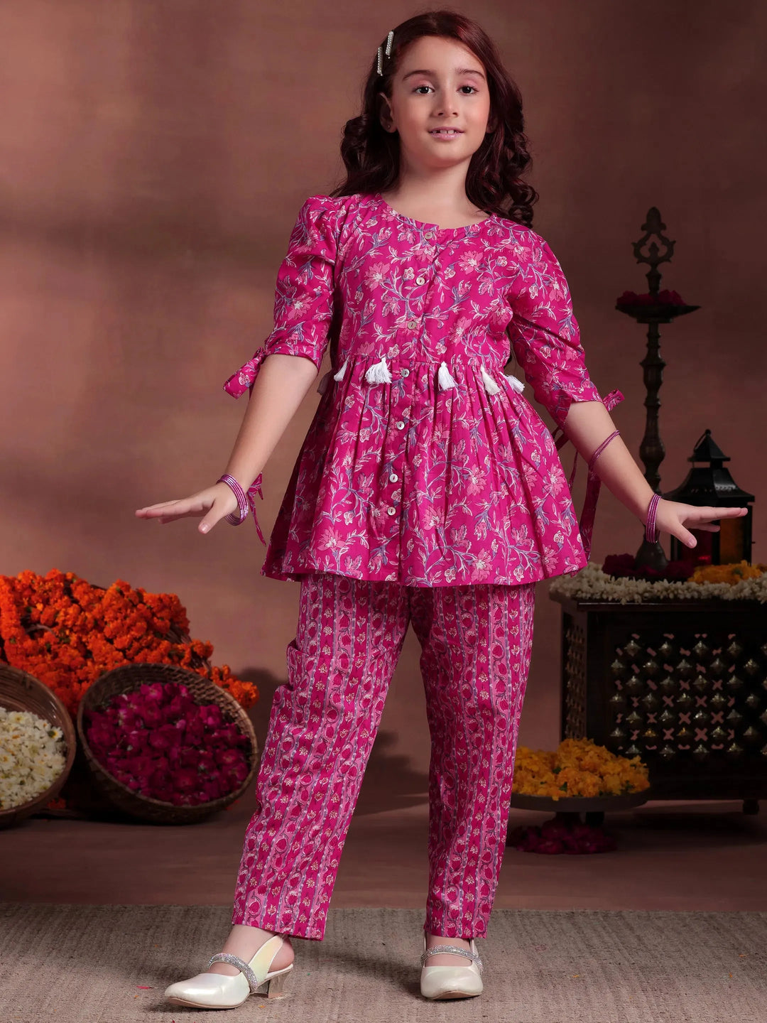 Kids Pink Printed Cotton A-Line Kurti With Trousers & Dupatta 