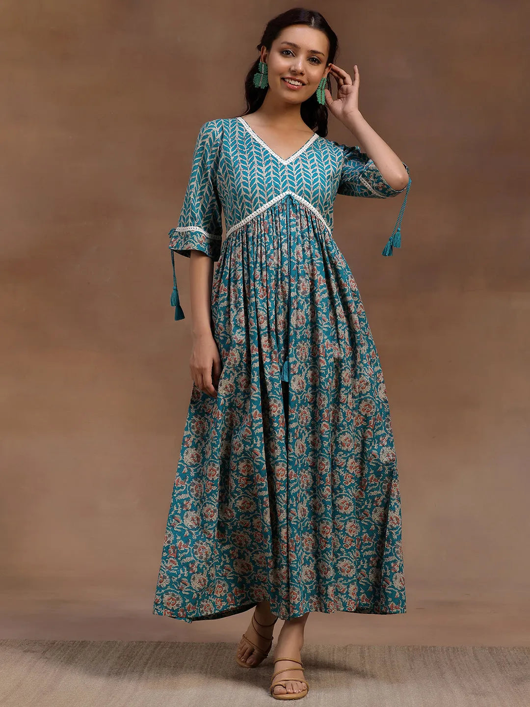  Green Printed Cotton Fit and Flare Dress 