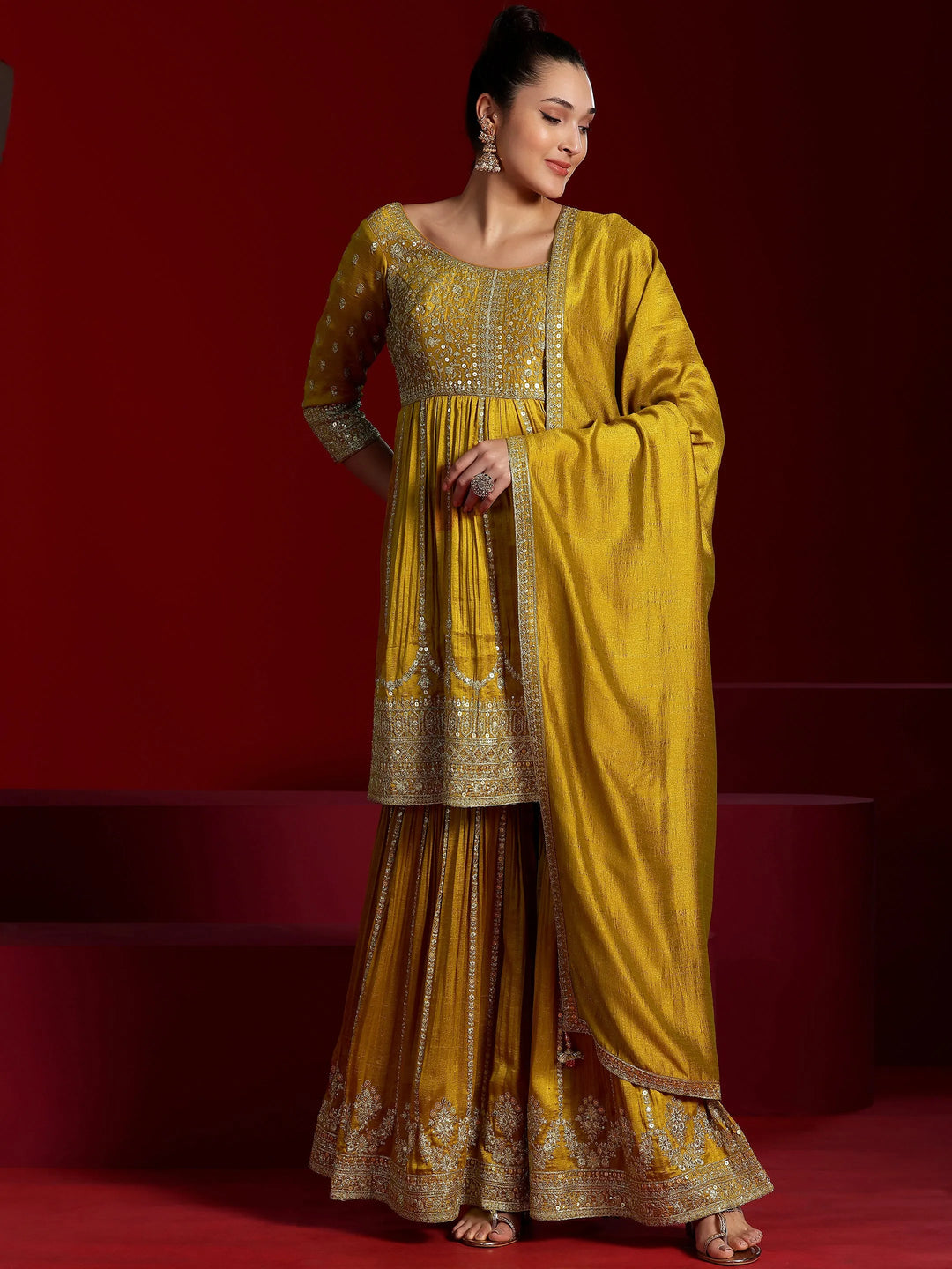  Libas Art Mustard Embroidered Silk Blend Straight Suit With Dupatta 