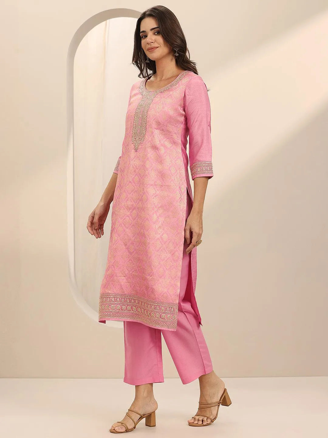  Pink Woven Design Silk Blend Straight Suit Set With Dupatta 