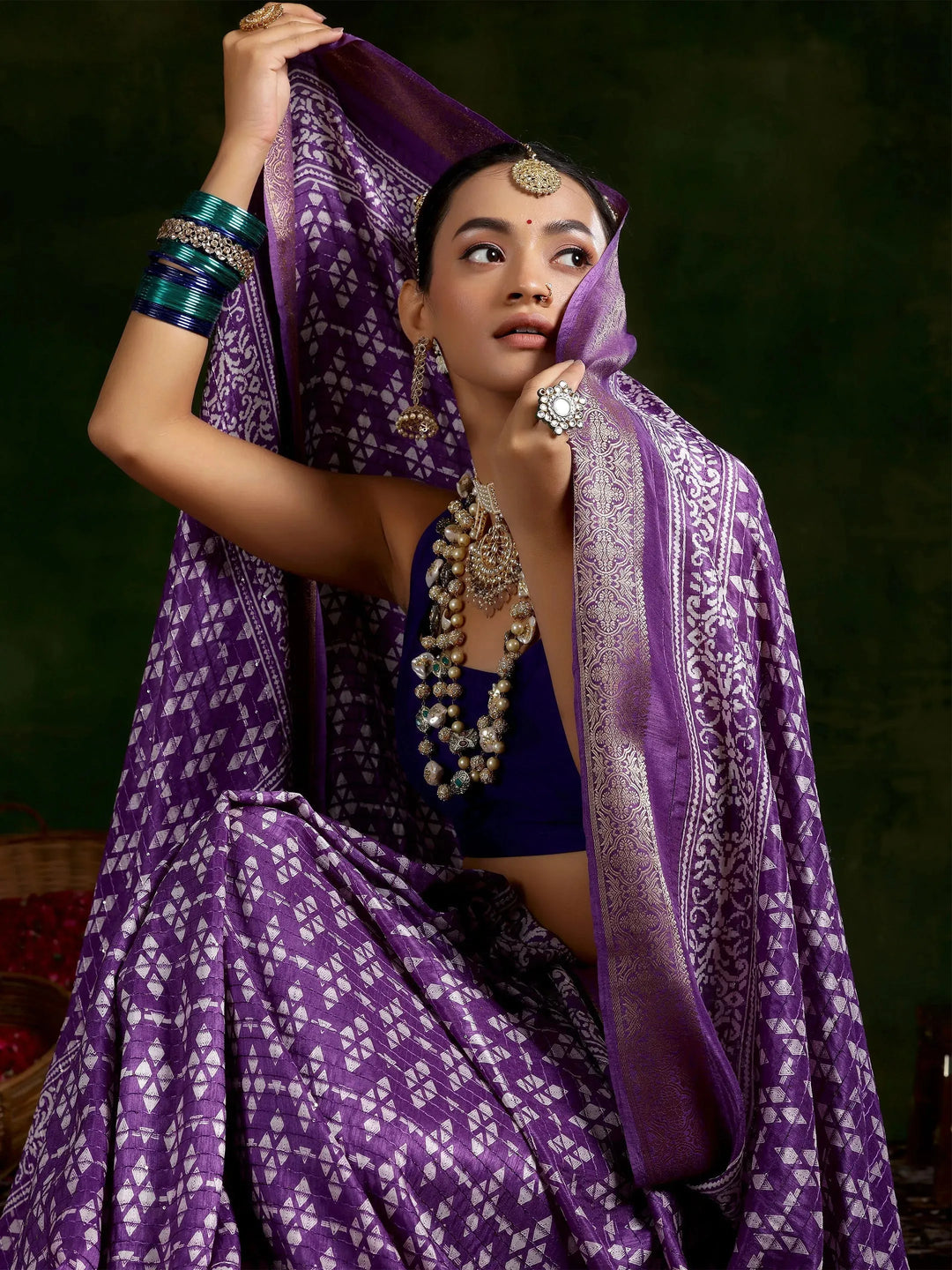  Purple Printed Silk Blend Saree With Unstitched Blouse Piece 