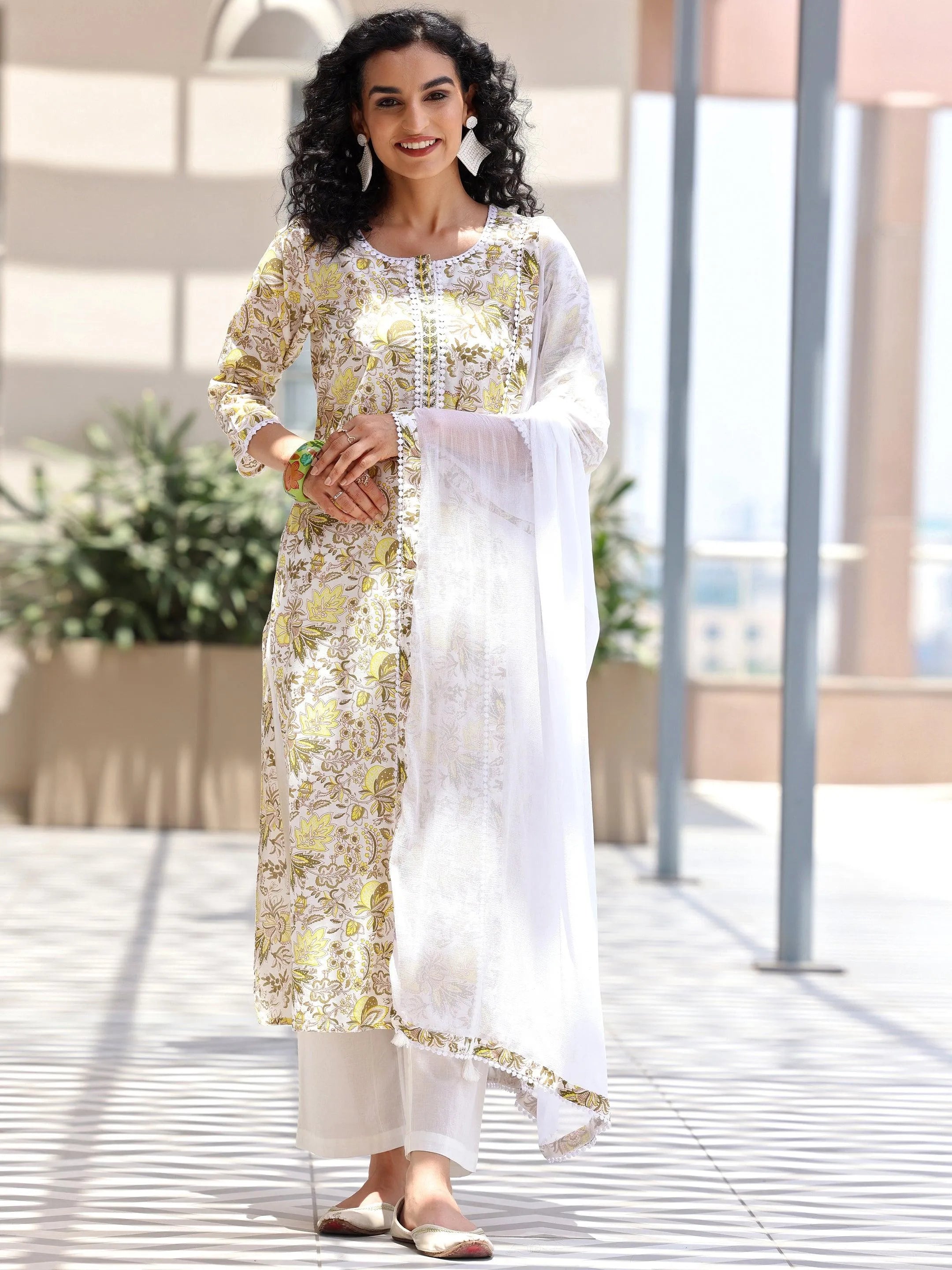 White Printed Straight Kurta Set With Dupatta for Women