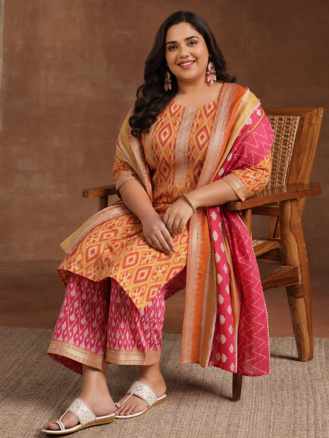 libas Plus Size Orange Floral Printed Cotton Straight Suit Set-picture-31