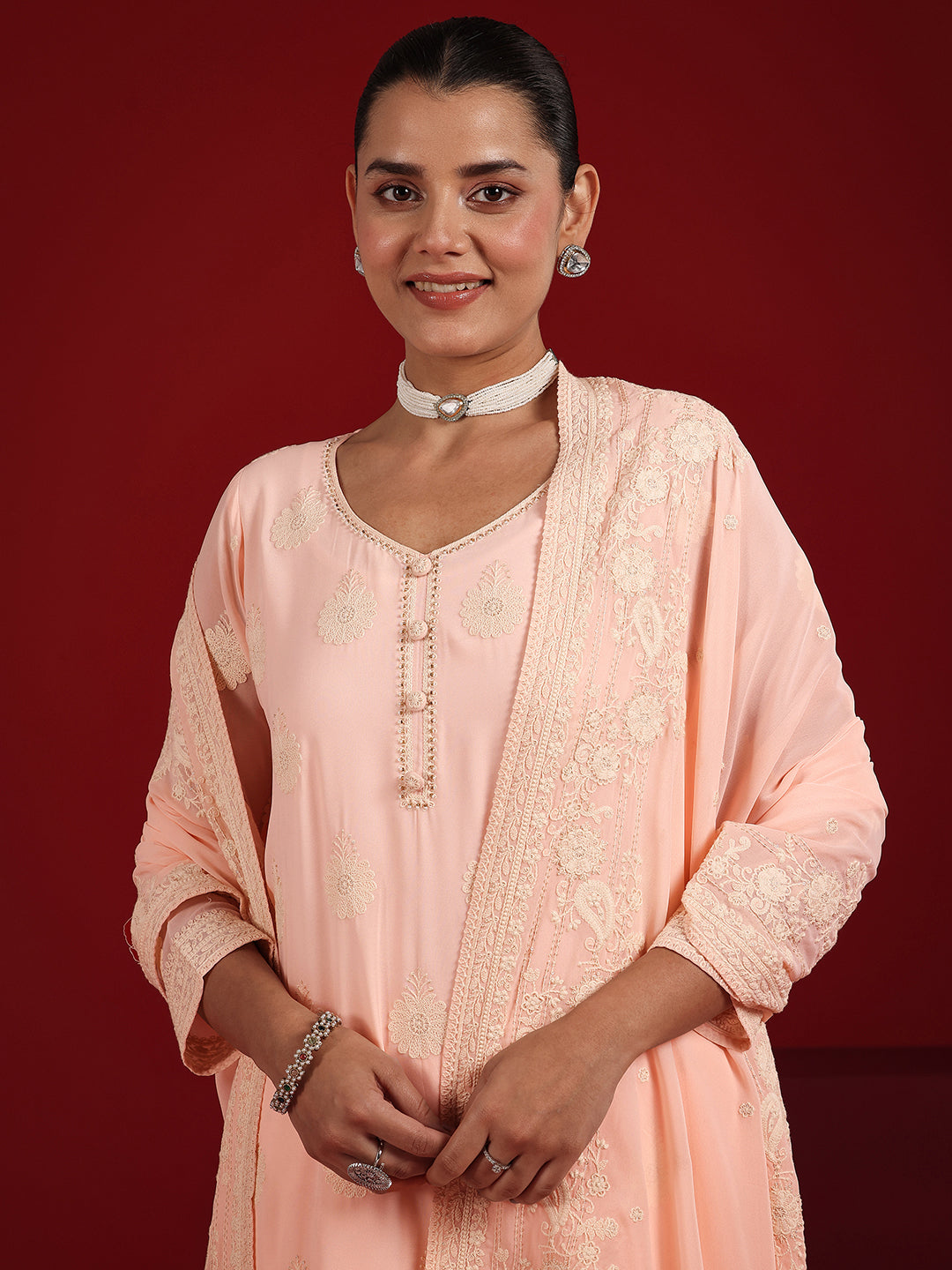  Libas Art Pink Embroidered Georgette Straight Suit Set With Dupatta 