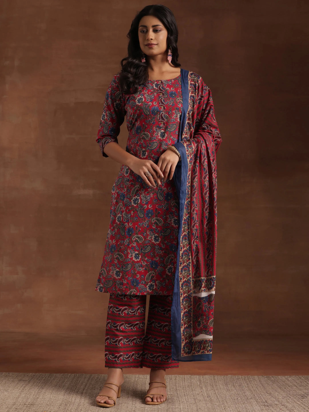  Red Printed Cotton Straight Suit With Dupatta 