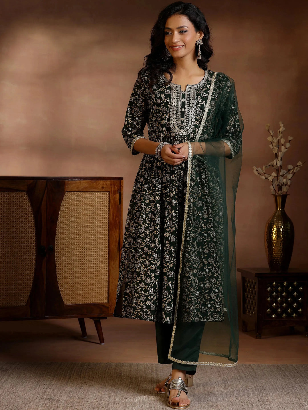  Green Printed Georgette A-Line Kurta With Trousers & Dupatta 