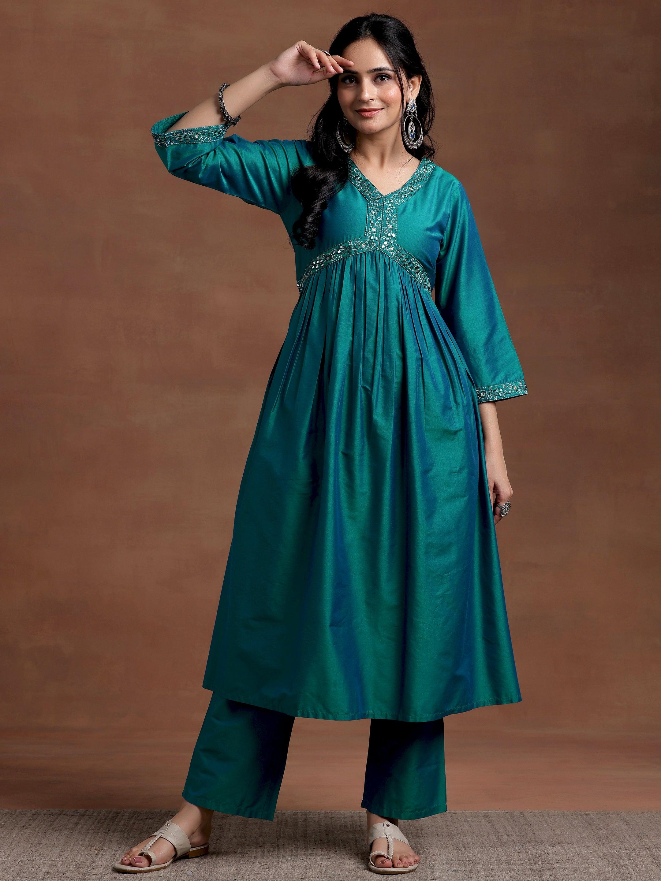 Teal Blue Solid Silk Blend A-Line Kurta With Trousers