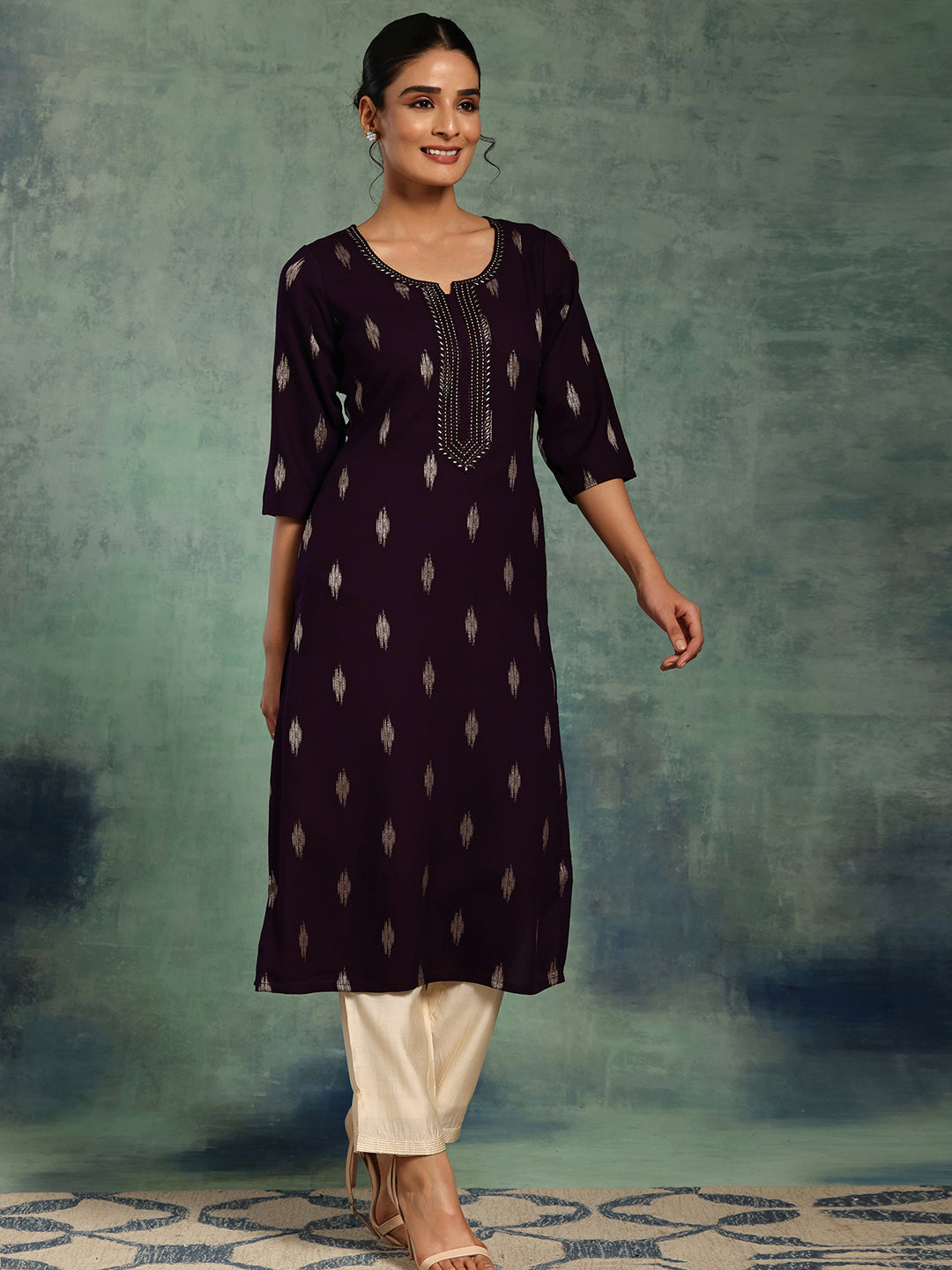  Purple Woven Design Rayon Straight Kurta 