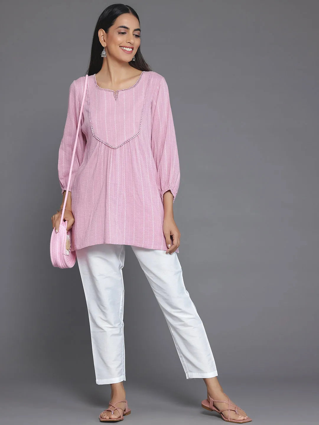  Pink Woven Design Cotton Blend A-Line Kurti 