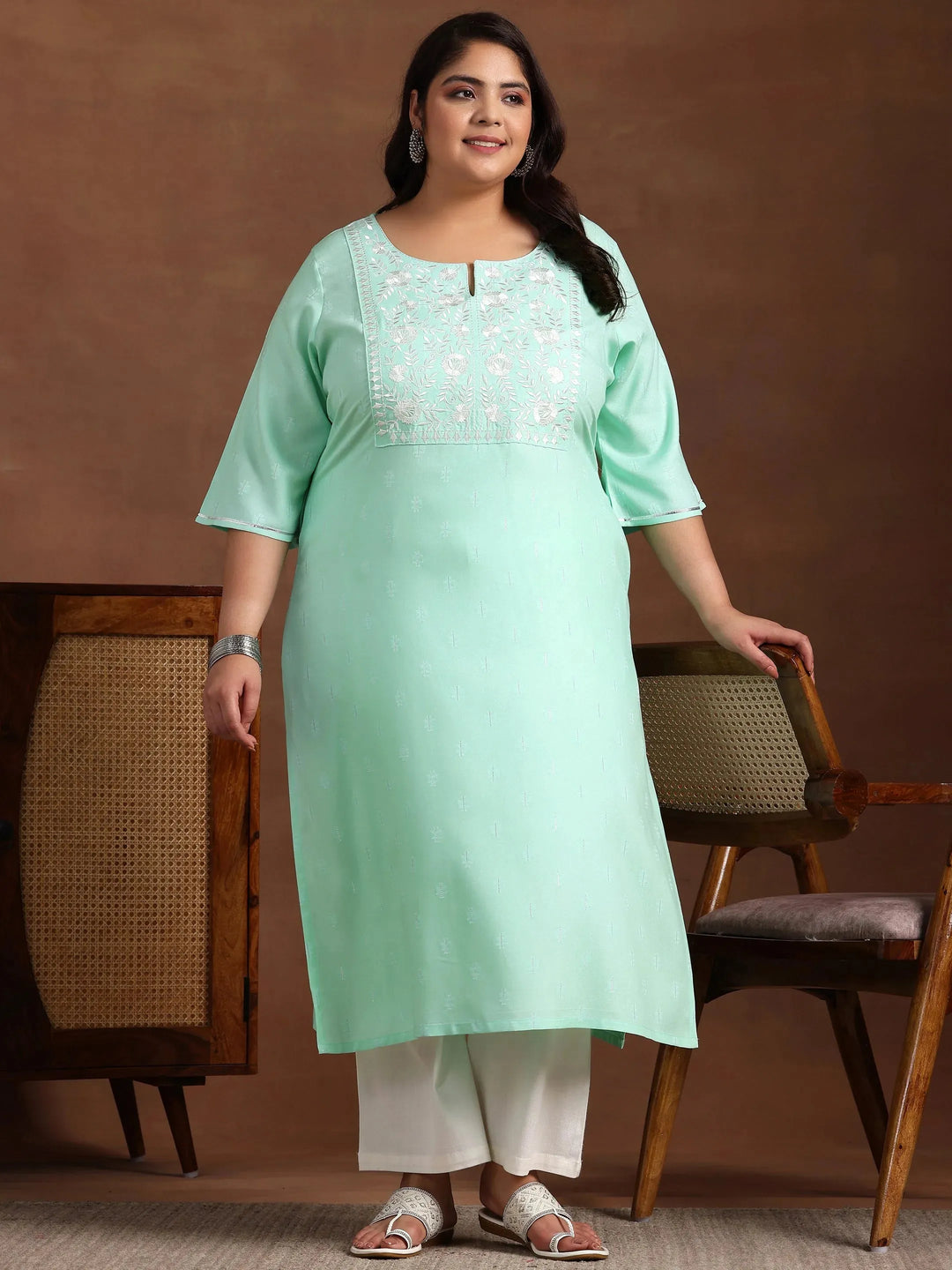  Plus Size Blue Yoke Design Rayon Straight Kurta 