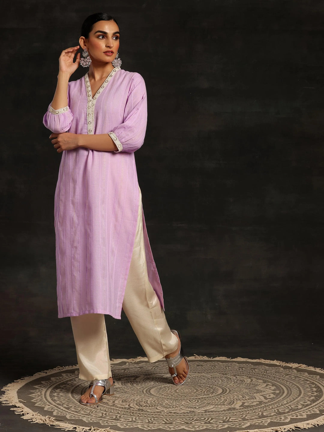 Purple Woven Design Cotton Straight Kurta - Libas